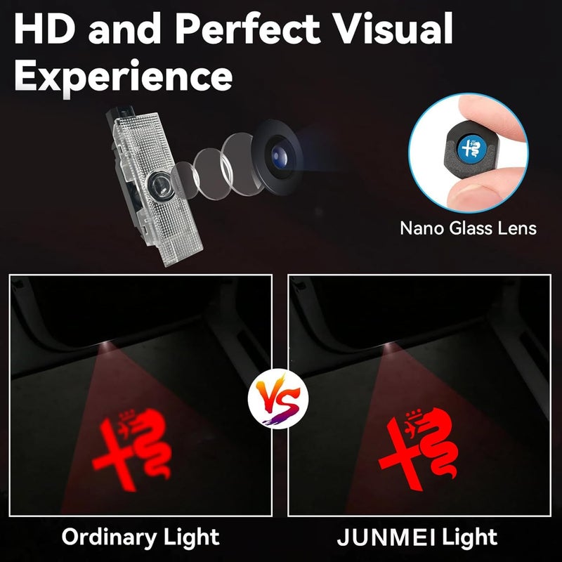 JUNMEI Door Lights Logo Projector Puddle Lights Ultra-Bright Welcome Step Light,Never Fade Puddle Lights Compatible with Alfa Romeo Giulia 952 Stelvio 949 Tonale Giulietta Accessories (Red Logo) - Image 2